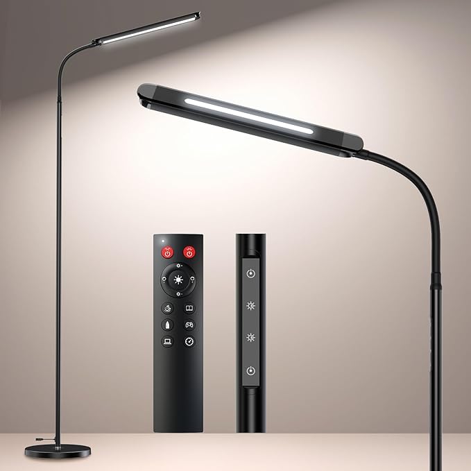 73" LED Floor Lamp,24W Super Bright Double-Sided Tall Standing Lamp with Timer,Remote and Touch Control,Adjustable Colors & Brightness Gooseneck Floor Lamps for Living Room Bedroom Office - LeafyLoom