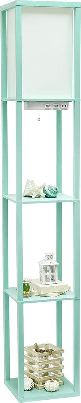 Simple Designs LF1037-AQU Floor Lamp Etagere Organizer Storage Shelf with 2 USB Charging Ports, 1 Charging Outlet and Linen Shade, Aqua - LeafyLoom
