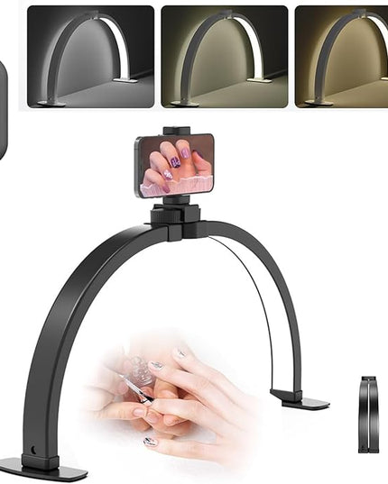 Foldable LED Half Moon Lamp for Nail,38W/3000-6000k Desk Lamp,Lash Lamp for Lash Extension with Storage Bag& Phone Bracket,Led Light for Nails Tech, Stepless Dimming(4700LM&Black) - LeafyLoom
