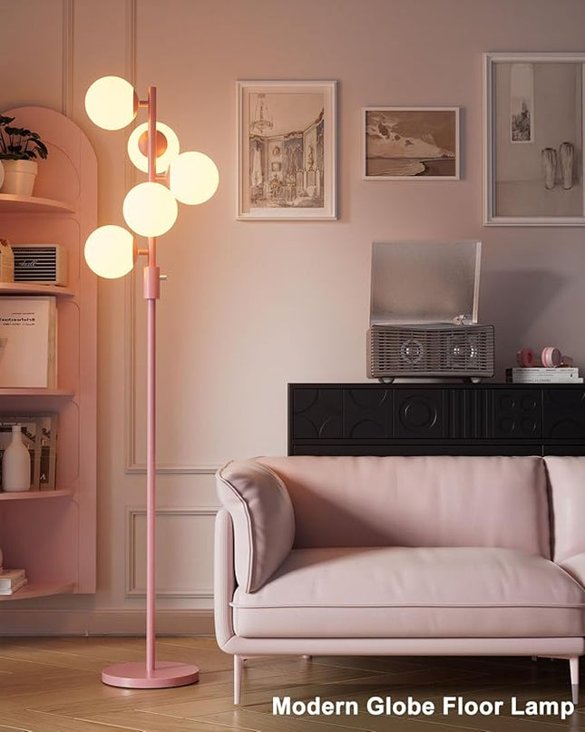 Lightdot Dimmable (Brightness Adjustable) Globe Floor Lamp, Pink Pole Standing Lamps with 5PCS 3000K G9 Bulbs, Mid Century Modern Floor Lamp for Living Room - LeafyLoom