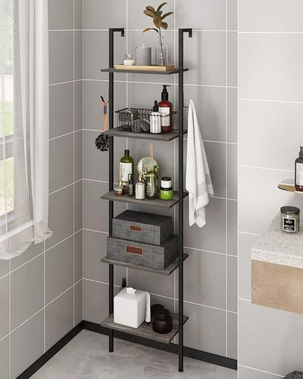 Retro Bookshelf Wall Mounted 5-Tiers Ladder Shelf Dark Grey Narrow Thin Bookshelf Farm House Open Display Storage Rack for Living Room Bedroom Home Office - LeafyLoom