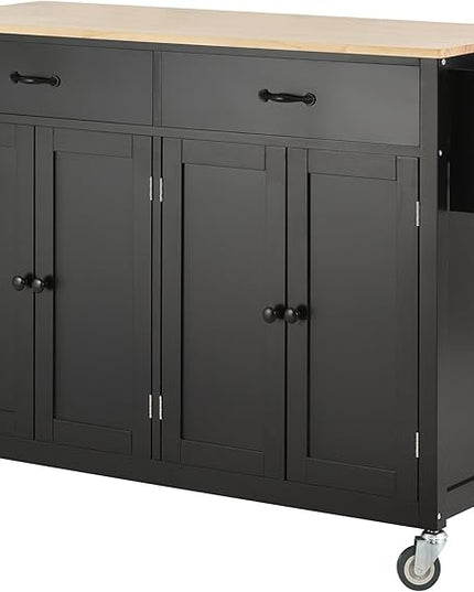 Kitchen Island with Storage, Rolling Table on Wheels w/ 4 Door Cabinet and 2 Drawers,Spice Rack, Towel Rack for Dinning Room - LeafyLoom