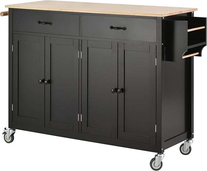 Kitchen Island with Storage, Rolling Table on Wheels w/ 4 Door Cabinet and 2 Drawers,Spice Rack, Towel Rack for Dinning Room - LeafyLoom