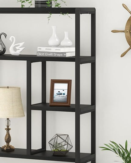 LVB 6 Tier Tall Black Bookshelf, Modern Large Wide Book Rack Storage, Industrial Wood Metal Etagere 6 Shelf Bookcase, Farmhouse Open Display Book Shelf Organizer for Bedroom Living Room Office, Black - LeafyLoom