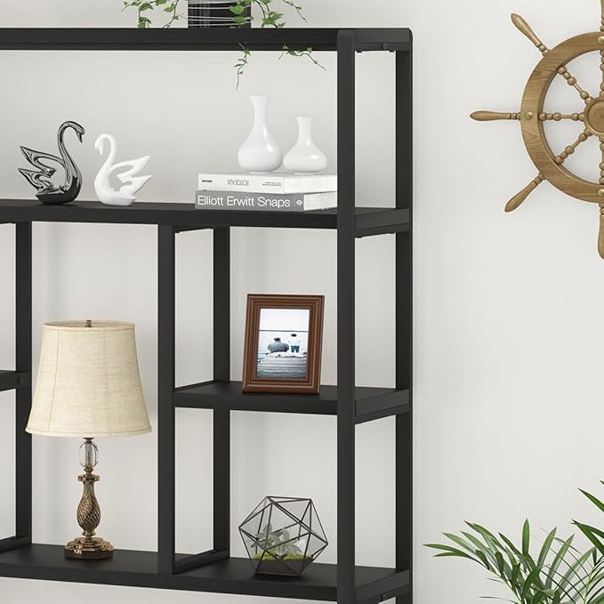LVB 6 Tier Tall Black Bookshelf, Modern Large Wide Book Rack Storage, Industrial Wood Metal Etagere 6 Shelf Bookcase, Farmhouse Open Display Book Shelf Organizer for Bedroom Living Room Office, Black - LeafyLoom