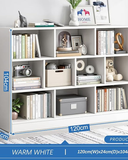 IOTXY Open Shelf Low Bookcase - Wooden 3-Tier Floor Standing Display Cabinet Organizer with Base, 10 Cubes Short Horizontal Bookshelf in Warm White - LeafyLoom