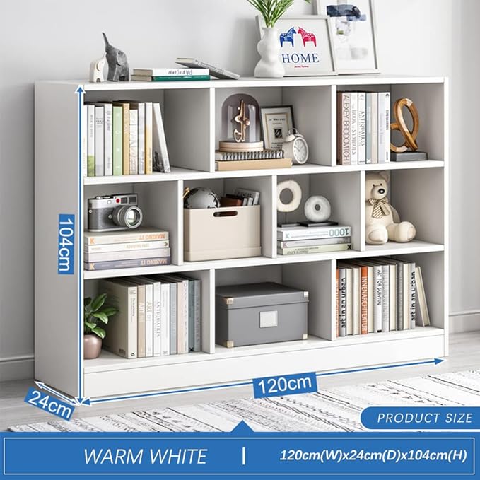 IOTXY Open Shelf Low Bookcase - Wooden 3-Tier Floor Standing Display Cabinet Organizer with Base, 10 Cubes Short Horizontal Bookshelf in Warm White - LeafyLoom