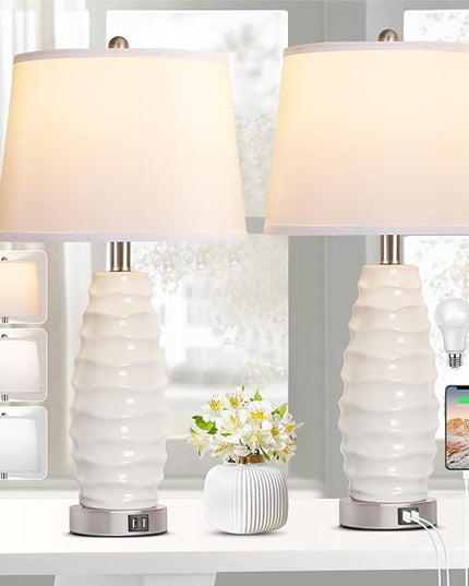QiMH White Table Lamp Set of 2, 26" Farmhouse Bedside Lamps for Bedroom with USB Port, Modern Ceramic Lamp with White Shade Nightstand Living Room Decor, LED Bulb Included - LeafyLoom