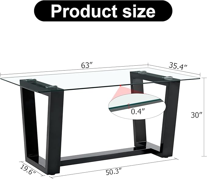 NicBex 63Inch Rectangular Dining Table,Modern Kitchen Table with Tempered Glass Tabletop and Black MDF Trapezoid Bracket for 6 to 8,Large Dining Room Table for Kitchen,Meeting Living Room,Black - LeafyLoom