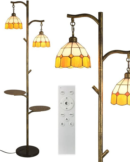 Tiffany Style Stained Glass Retro Floor Lamp with Tray,Dimmable Led Floor Lamps, Custom Color Temperature Standing Lamp with Remote for Living Room and Bedroom,Painted Bronze - LeafyLoom