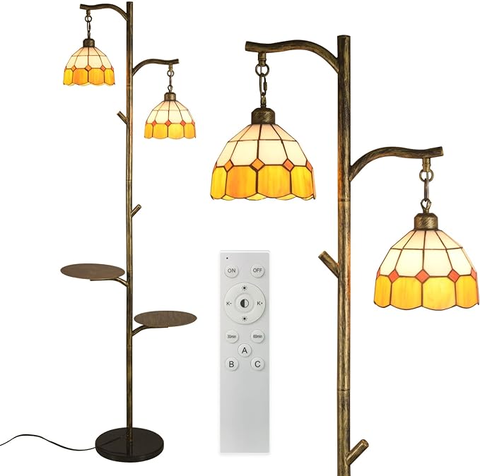 Tiffany Style Stained Glass Retro Floor Lamp with Tray,Dimmable Led Floor Lamps, Custom Color Temperature Standing Lamp with Remote for Living Room and Bedroom,Painted Bronze - LeafyLoom