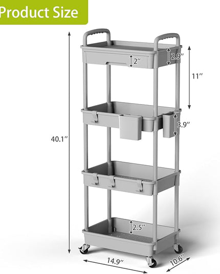 4 Tier Small Rolling Cart Organizer,Art Craft Diaper Bedside Snack Cart Laundry Room Bathroom Organizer Narrow Thin Slim Rolling Trolley Utility Cart with Wheels for Kitchen,Office(Grey) - LeafyLoom