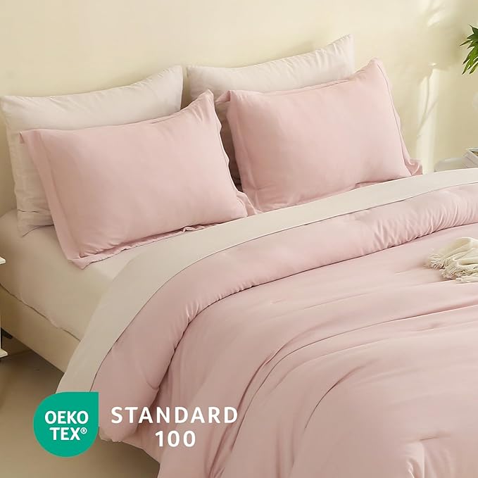 MILDLY Queen Comforter Set 7 Piece Color Clash, Pink Bed in a Bag, All Season Bedding Sets with 1 Comforter, 2 Pillow Shams, 2 Pillowcases, 1 Flat Sheet, 1 Fitted Sheet - LeafyLoom