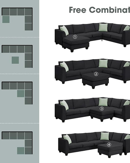Modern Large U Sectional Sofa, 7 Seat with Movable Ottoman, L Shape Corner Couch for Living Room Furniture Sets Apartment,Office, E-Black - LeafyLoom