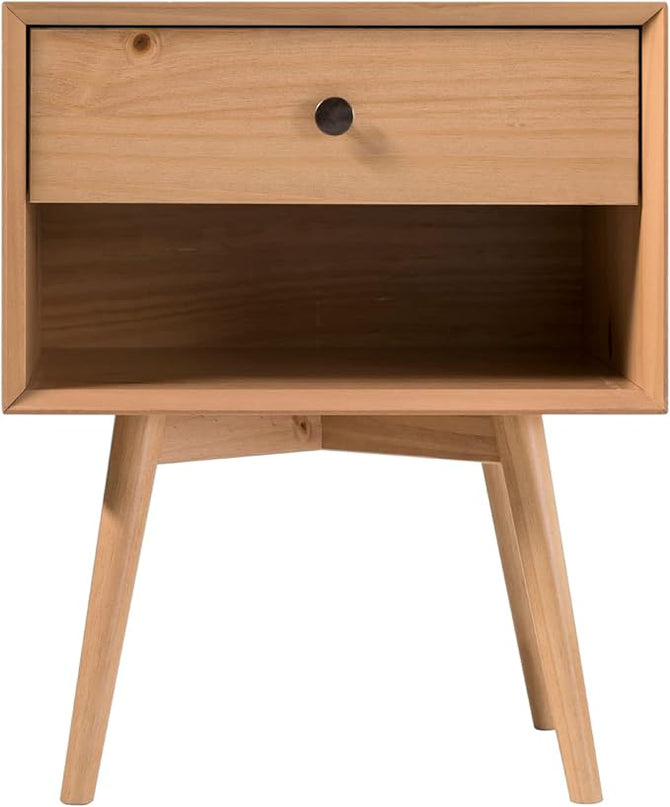 Walker Edison Mid Century Modern 1 Nightstand Bedroom Storage Drawer and Shelf Bedside End Table, 24 Inch, Natural Pine - LeafyLoom
