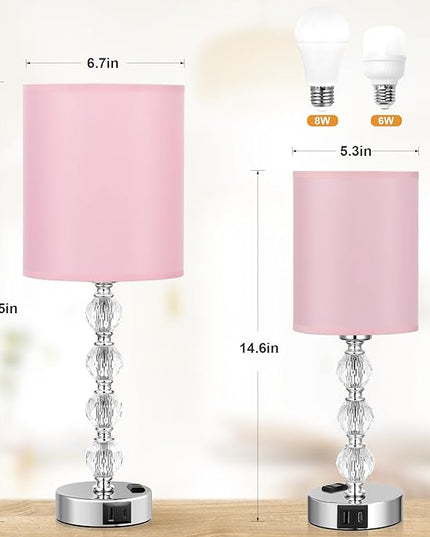 Acaxin Touch Bedside Crystal Lamps for Bedrooms Nightstand with USB C+A Charging Port and AC Outlet White, 3 Way Dimmable Silver Large End Side Table Lamp for Living/Guest/Dinning Room/Kitchen - LeafyLoom