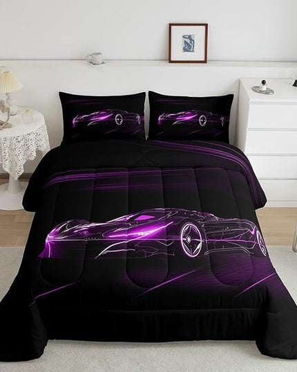 Feelyou Purple Race Car Bedding Set Twin Size for Kids Boys Extreme Sport Games Comforter Set Teens Toddler Fast and Furious Duvet Set Cool Modern Quilt Set 2Pcs - LeafyLoom