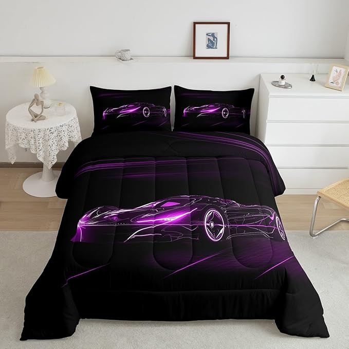 Feelyou Purple Race Car Bedding Set Twin Size for Kids Boys Extreme Sport Games Comforter Set Teens Toddler Fast and Furious Duvet Set Cool Modern Quilt Set 2Pcs - LeafyLoom