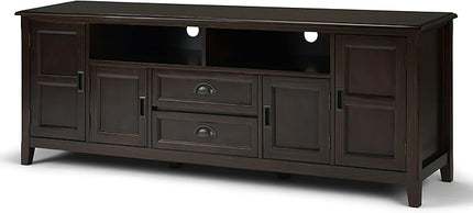 SIMPLIHOME Burlington SOLID WOOD Universal TV Media Stand, 72 inch Wide, Traditional, Living Room Entertainment Center with Storage, for Flat Screen TVs up to 80 inches in Mahogany Brown - LeafyLoom