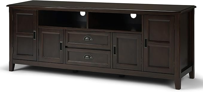 SIMPLIHOME Burlington SOLID WOOD Universal TV Media Stand, 72 inch Wide, Traditional, Living Room Entertainment Center with Storage, for Flat Screen TVs up to 80 inches in Mahogany Brown - LeafyLoom