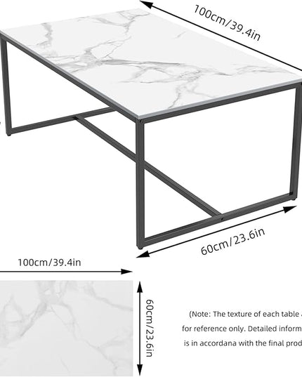 Wisfor Sintered Stone Coffee Table: White Sofa Side Table with Black Metal Frame for Living Room, 39.4x23.6x15.7 Inch - LeafyLoom