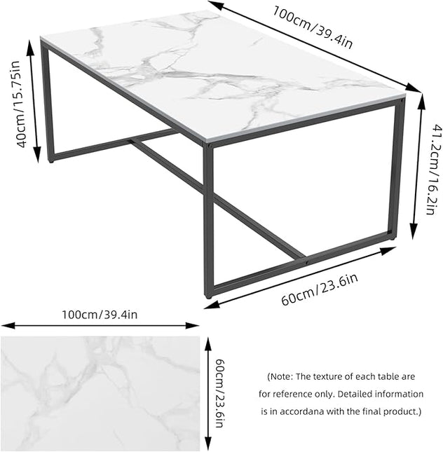 Wisfor Sintered Stone Coffee Table: White Sofa Side Table with Black Metal Frame for Living Room, 39.4x23.6x15.7 Inch - LeafyLoom
