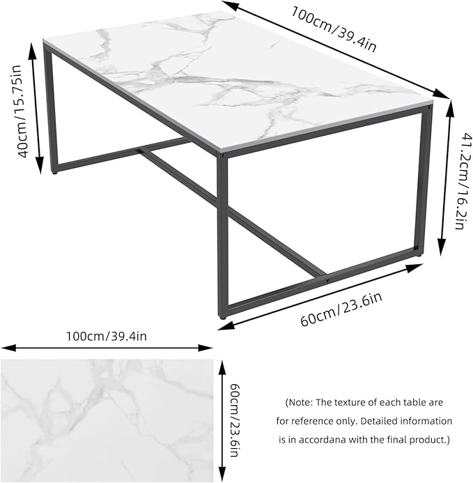 Wisfor Sintered Stone Coffee Table: White Sofa Side Table with Black Metal Frame for Living Room, 39.4x23.6x15.7 Inch - LeafyLoom