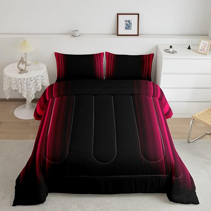 Geometric Abstract Ombre Bedding Bed Set Men Adults Teens Vibrant Red Black Striped Comforter Set Kids Boys Girls Simple Modern Comforter Collection 3Pcs Full Size Boys - LeafyLoom