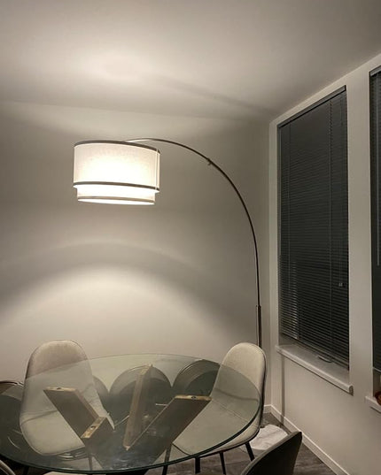 Brightech Mason Arc Floor Lamp - Modern Corner Standing Lamp with Unique Hanging Drum Lamp Shade for Living Room - Bright Overhead, Curved Hanging Light for Bedroom. Library, Den - Bronze - LeafyLoom