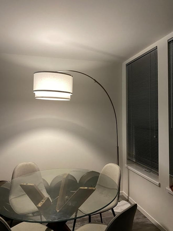 Brightech Mason Arc Floor Lamp - Modern Corner Standing Lamp with Unique Hanging Drum Lamp Shade for Living Room - Bright Overhead, Curved Hanging Light for Bedroom. Library, Den - Bronze - LeafyLoom