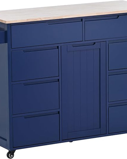 Kitchen Island on Lockable Wheels, Mobile Kitchens Cart with Rubber Wood Countertop, w/Drawer and Storage Cabinet for Dining Room, Bar - LeafyLoom