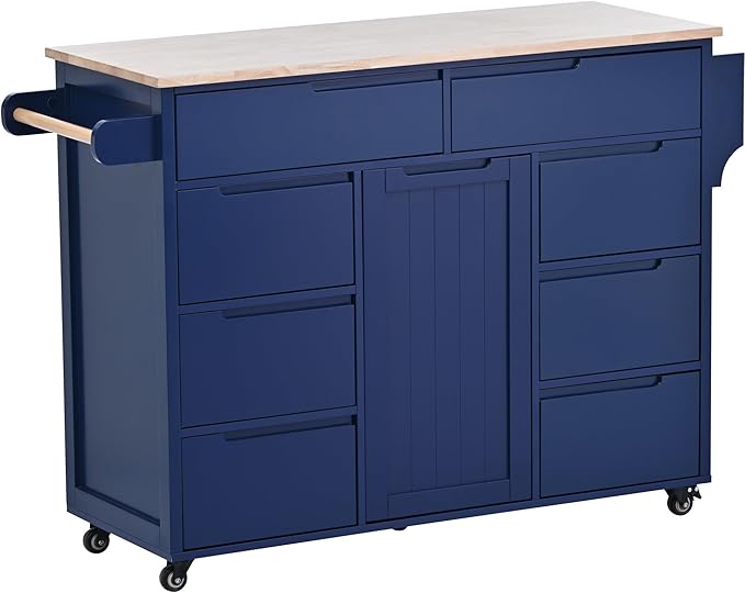 Kitchen Island on Lockable Wheels, Mobile Kitchens Cart with Rubber Wood Countertop, w/Drawer and Storage Cabinet for Dining Room, Bar - LeafyLoom