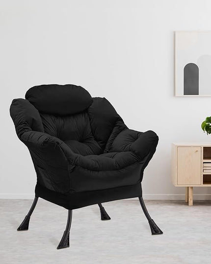 Lazy Chair Thick Padded, Accent Chair Velvet Upholstered with Wide Seat, Stable Metal Frame and Non-Slip Pad, Modern Sofa Armchair with Side Storage Bag for Dorm, Room, Office, Black - LeafyLoom