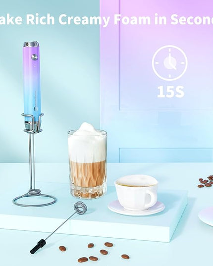 Maestri House Rechargeable Milk Frother with Stand, Handheld Electric Foam Maker Waterproof Detachable Stainless Steel Whisk Drink Mixer Foamer for Lattes, Cappuccino - LeafyLoom