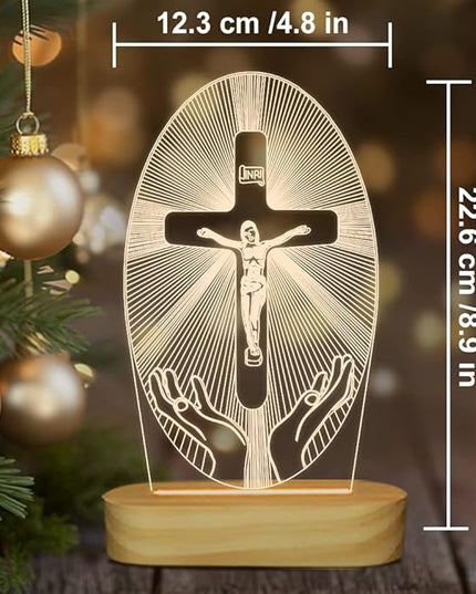 Baptism Gifts for Boys, Wood Bedside Lamp, Yellow, USB Powered, Jesus Cross Decor, LAMP - LeafyLoom