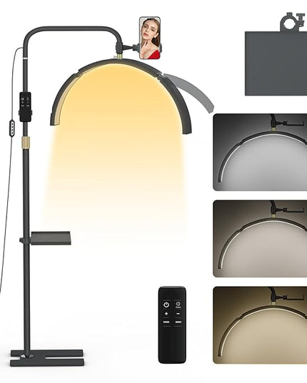 MYSWEETY Lash Light for Eyelash Extensions, 29'' Foldable LED Floor Lamps, Esthetician Light with Phone Holder & Stand Tray, Half Moon Lamp for Tattoo, Nails, Beauty, Filming Content Creation - LeafyLoom