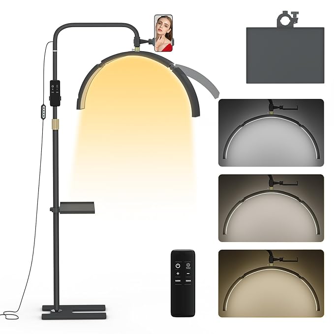 MYSWEETY Lash Light for Eyelash Extensions, 29'' Foldable LED Floor Lamps, Esthetician Light with Phone Holder & Stand Tray, Half Moon Lamp for Tattoo, Nails, Beauty, Filming Content Creation - LeafyLoom