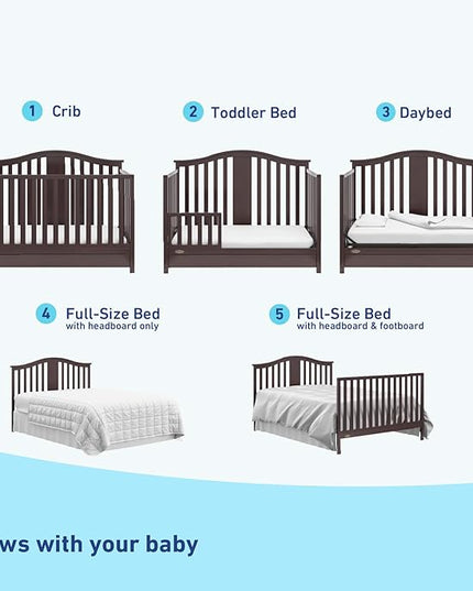 Graco Solano 4-in-1 Convertible Crib with Drawer (Espresso) – GREENGUARD Gold Certified, Crib with Drawer Combo, Includes Full-Size Nursery Storage Drawer, Converts to Toddler Bed and Full-Size Bed - LeafyLoom