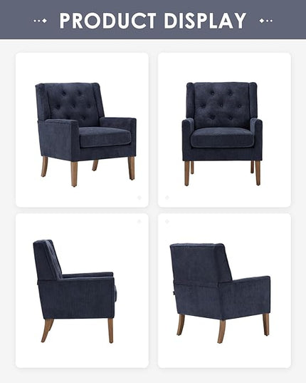 COLAMY Mid-Century Accent Chairs, Modern Wingback Living Room Chair, Upholstered Armchair with Button Tufted Back and Wood Legs for Bedroom/Office/Reading Spaces, Blue - LeafyLoom