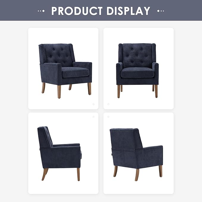 COLAMY Mid-Century Accent Chairs, Modern Wingback Living Room Chair, Upholstered Armchair with Button Tufted Back and Wood Legs for Bedroom/Office/Reading Spaces, Blue - LeafyLoom