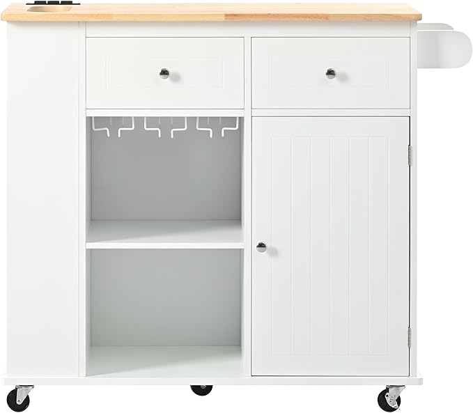 40Inch Kitchen Storage Island Table with Drop Leaf, Power Outlet, Kitchen-Car on 5 Wheels w/Open Cabinets, Drawer and Entire-Side Spice Rack for Dining Room, Home, Kitchen - LeafyLoom