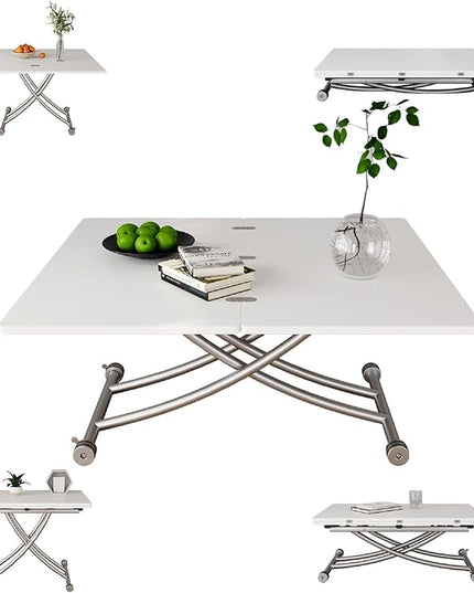 Multifunctional Folding Dining Table, Versatile Lift Top Coffee Table Convertible to Dining Table Height Adjustable Wooden Dinner Table with Metal legs Space Saving White - LeafyLoom