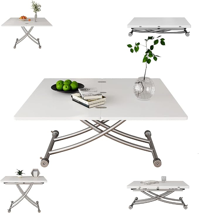 Multifunctional Folding Dining Table, Versatile Lift Top Coffee Table Convertible to Dining Table Height Adjustable Wooden Dinner Table with Metal legs Space Saving White - LeafyLoom