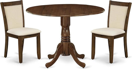 East West Furniture DLMZ3-AWA-32 Dublin 3 Piece Kitchen Set for Small Spaces Consist of a Round Wooden Table with Dropleaf and 2 Upholstered Parson Chairs, 42x42 Inch, Antique Walnut - LeafyLoom