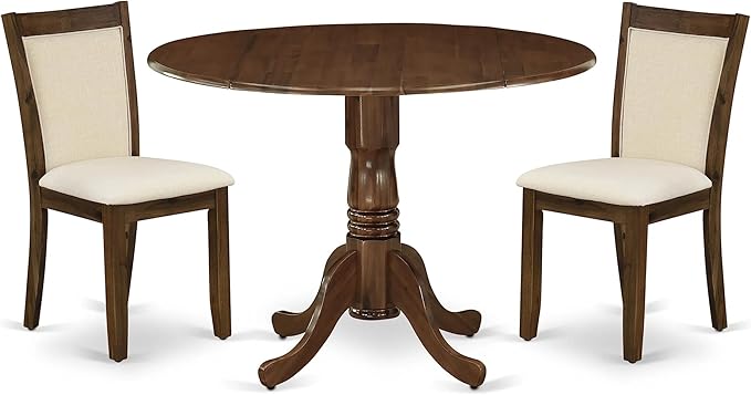 East West Furniture DLMZ3-AWA-32 Dublin 3 Piece Kitchen Set for Small Spaces Consist of a Round Wooden Table with Dropleaf and 2 Upholstered Parson Chairs, 42x42 Inch, Antique Walnut - LeafyLoom