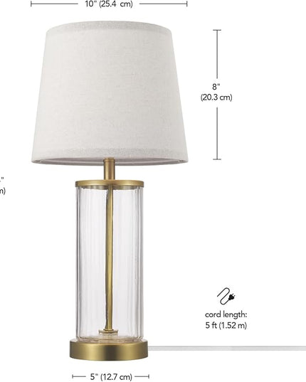Globe Electric 61000063 20" Fillable Ribbed Glass Table Lamp, Matte Brass Accents, Beige Linen Shade, On/Off Rotary Switch on Socket, for Living Room, Bedroom, Office, Home Décor - LeafyLoom