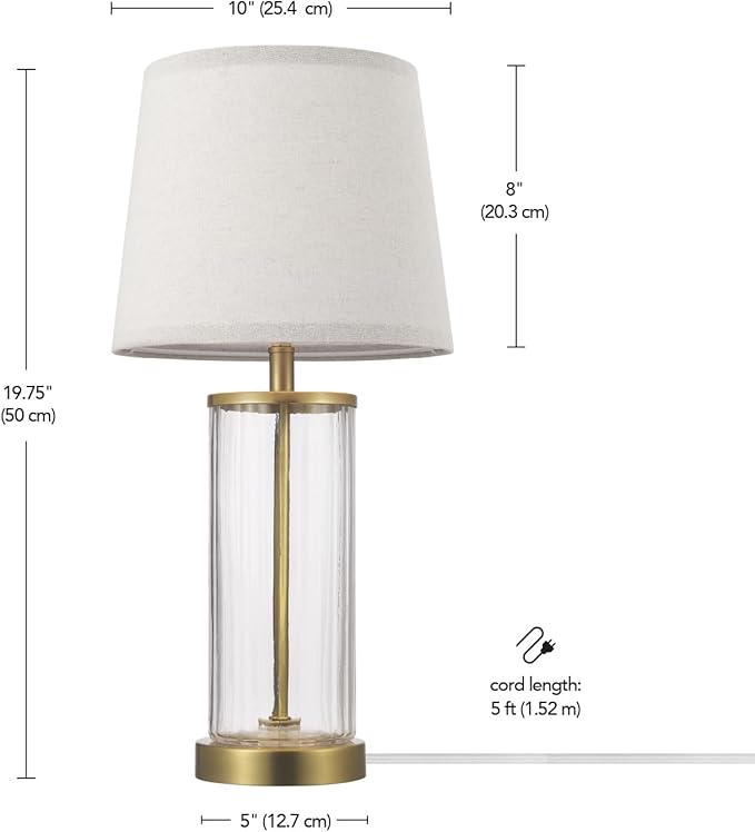 Globe Electric 61000063 20" Fillable Ribbed Glass Table Lamp, Matte Brass Accents, Beige Linen Shade, On/Off Rotary Switch on Socket, for Living Room, Bedroom, Office, Home Décor - LeafyLoom