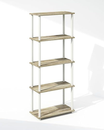 Furinno Turn-N-Tube 5-Tier Multipurpose Compact Display Rack, Shelving Unit, Bookcase, Sonoma Oak/White - LeafyLoom