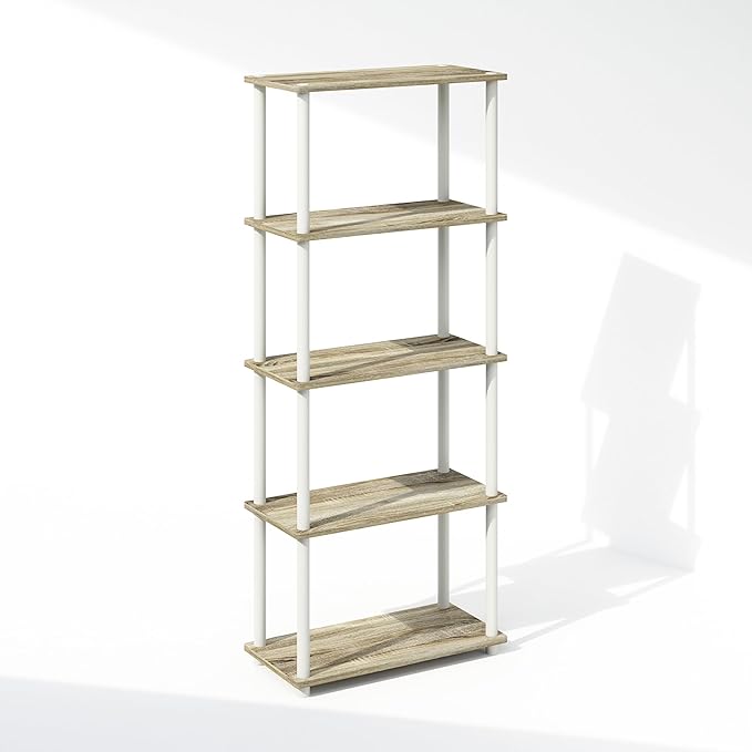 Furinno Turn-N-Tube 5-Tier Multipurpose Compact Display Rack, Shelving Unit, Bookcase, Sonoma Oak/White - LeafyLoom