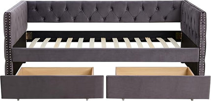 Twin Size Velvet Upholstered Daybed with Two Storage Drawers, Solid Wood Sofa Bed w/Button Tufted Backrest, for Living Room, Bedroom, Dorm, No Box Spring Needed, Grey - LeafyLoom